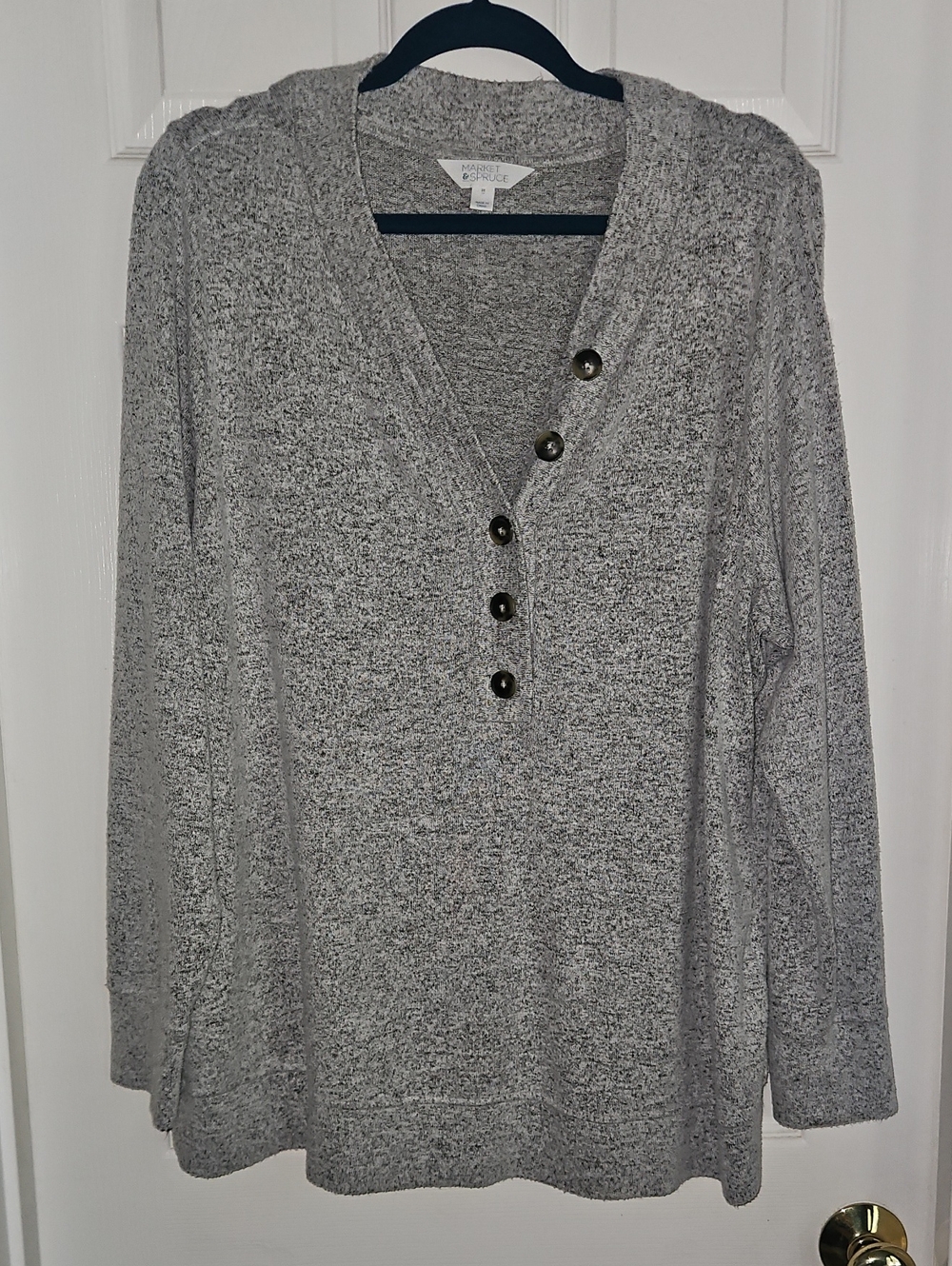 Market & Spruce Heather Gray Vneck Button Henley Knit Top 2x Soft Stretch Cozy